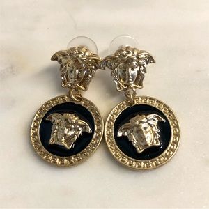 Vintage Versace Medusa Head Gorgon Greek Key Drop Chandelier Earrings Black Gold